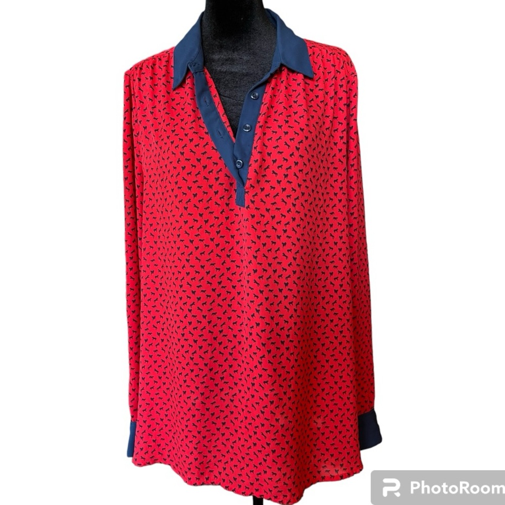 Free People Red Blouse Blue Equestrian Horses Blouse - Picture 4 of 11